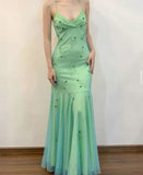 Ndyad Green Mermaid Spaghetti Straps Long Prom Dresses HZ1024