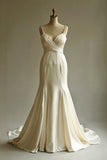 Ndyad Champagne Mermaid Satin V-neck Long Prom Dress Spaghetti Strap Beaded Wedding Dress HZ1024