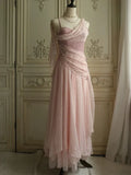 Ndyad Prom Dresses Under $180||Lovely Pink ??Chiffon Prom Dress Princess Pearls Spaghetti Straps Evening Dresses HZ1024