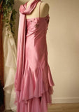 Ndyad A-line Pink Spaghetti Strap Satin Applique Retro Prom Dress Birthday Party Dress HZ1024