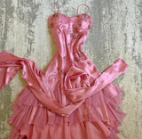 Ndyad A-line Pink Spaghetti Strap Satin Applique Retro Prom Dress Birthday Party Dress HZ1024