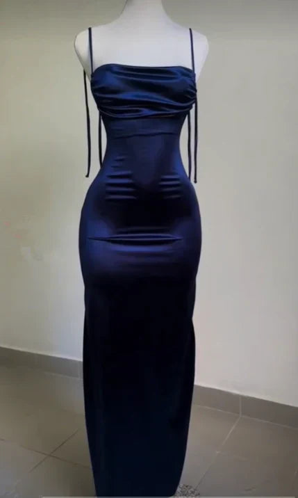 Ndyad Blue Spaghetti Strap Bodycon Satin Elegant Prom Dresses Backless Party Dresses HZ1024