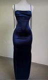 Ndyad Blue Spaghetti Strap Bodycon Satin Elegant Prom Dresses Backless Party Dresses HZ1024