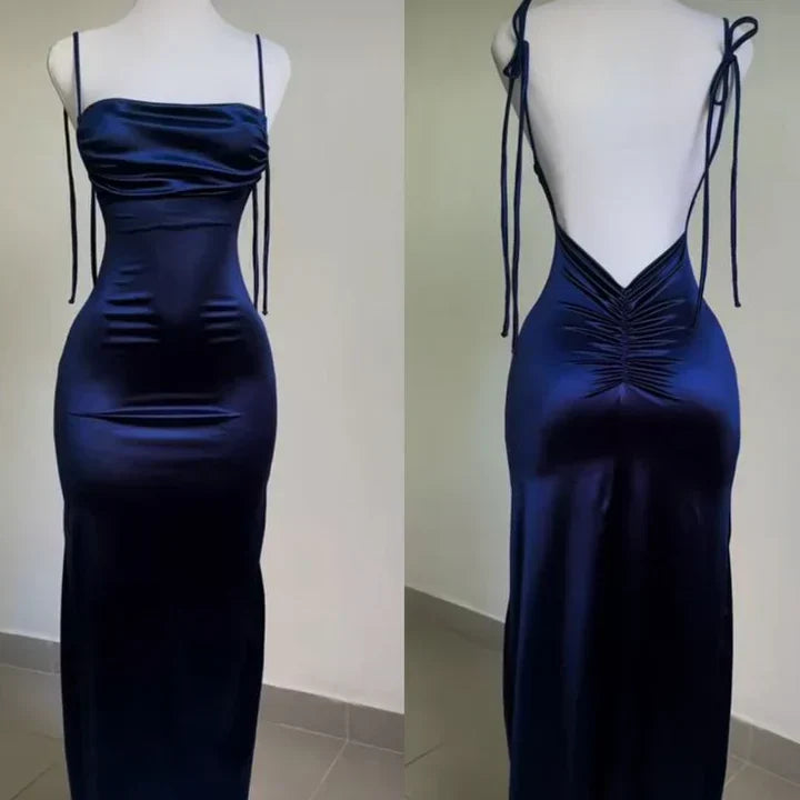 Ndyad Blue Spaghetti Strap Bodycon Satin Elegant Prom Dresses Backless Party Dresses HZ1024