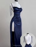 Ndyad Blue Spaghetti Strap Bodycon Satin Elegant Prom Dresses Backless Party Dresses HZ1024
