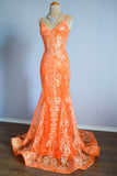Ndyad Mermaid Spaghetti Straps Sequins Applique Long Prom Dress Tulle Evening Dress HZ1024