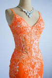 Ndyad Mermaid Spaghetti Straps Sequins Applique Long Prom Dress Tulle Evening Dress HZ1024