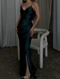 Ndyad Dark Green Mermaid Spaghetti Strap Satin Long Prom Dress HZ1024