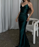 Ndyad Dark Green Mermaid Spaghetti Strap Satin Long Prom Dress HZ1024
