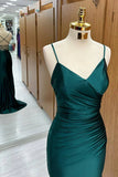 Ndyad Dark Green Mermaid Spaghetti Strap Satin Long Prom Dress HZ1024