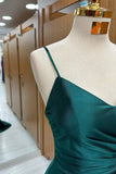Ndyad Dark Green Mermaid Spaghetti Strap Satin Long Prom Dress HZ1024
