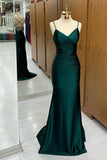 Ndyad Dark Green Mermaid Spaghetti Strap Satin Long Prom Dress HZ1024