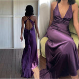 Ndyad Yellow ??A-Line Long Prom Dress for Party&Guest-V Neck Satin Beautiful Backless Formal Evening Dress HZ1024