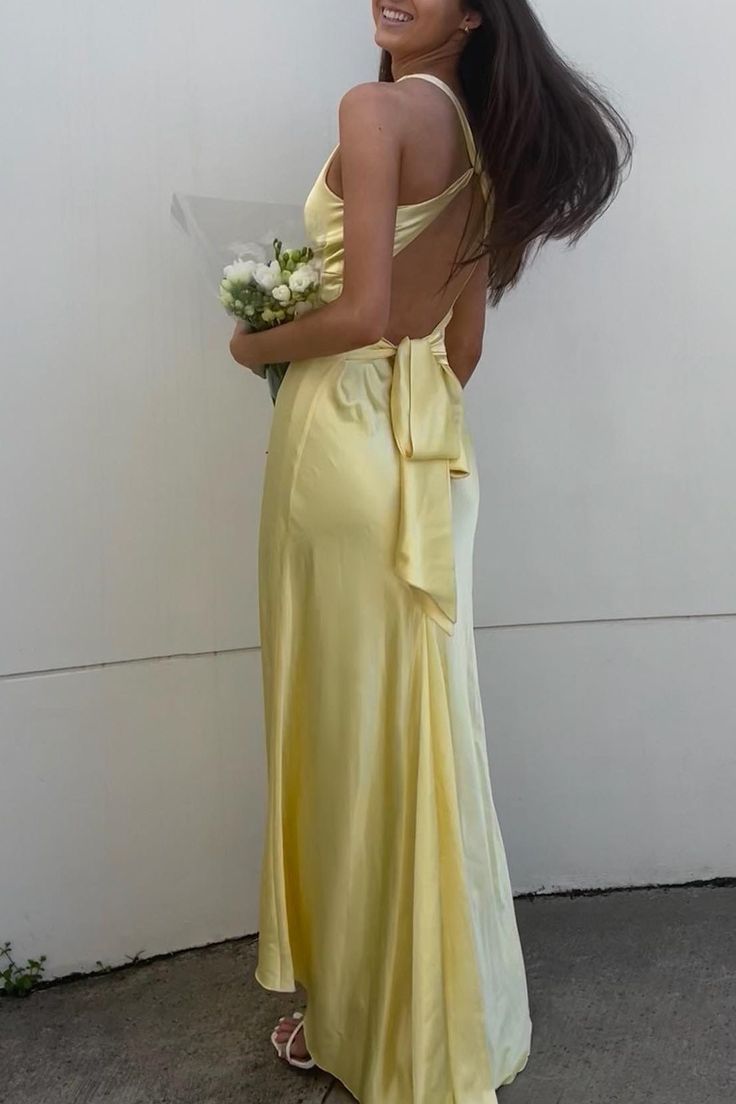 Ndyad Yellow ??A-Line Long Prom Dress for Party&Guest-V Neck Satin Beautiful Backless Formal Evening Dress HZ1024