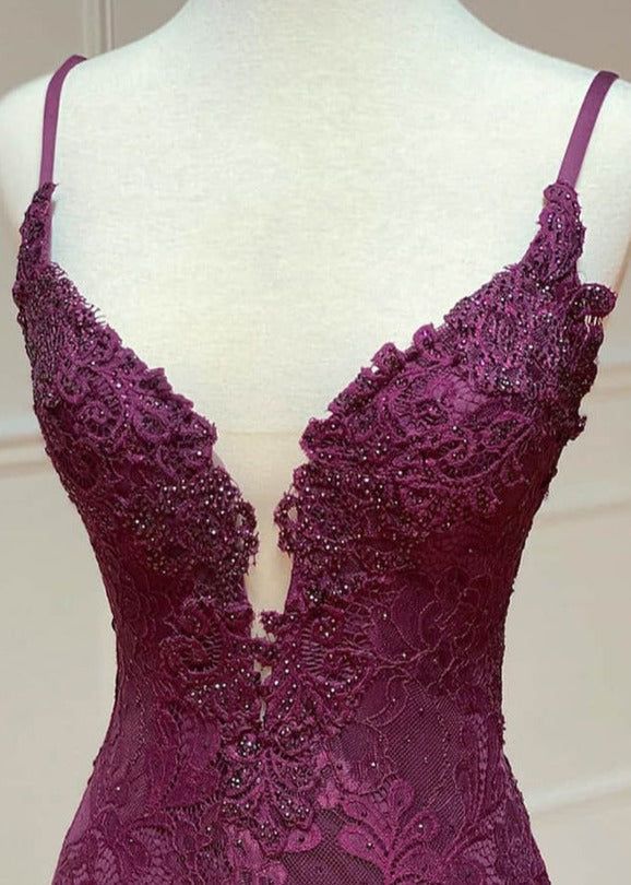 Ndyad Mermaid Formal Dresses Under $170?? Charming Grape Spaghetti Straps Applique Long Backless Prom Dress With Slit HZ1024