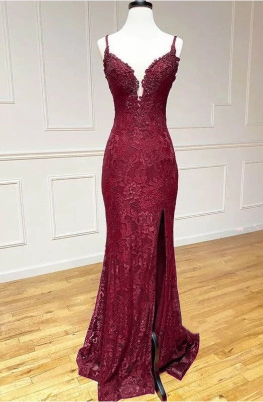 Ndyad Mermaid Formal Dresses Under $170?? Charming Grape Spaghetti Straps Applique Long Backless Prom Dress With Slit HZ1024