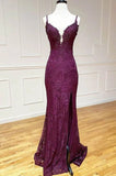 Ndyad Mermaid Formal Dresses Under $170?? Charming Grape Spaghetti Straps Applique Long Backless Prom Dress With Slit HZ1024