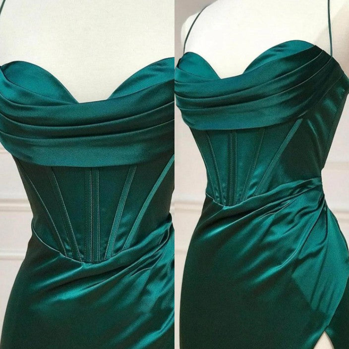 Ndyad Green Mermaid Satin Spaghetti Straps Long Prom Dress With Split HZ1024