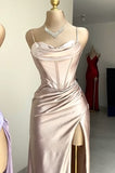 Ndyad Green Mermaid Satin Spaghetti Straps Long Prom Dress With Split HZ1024
