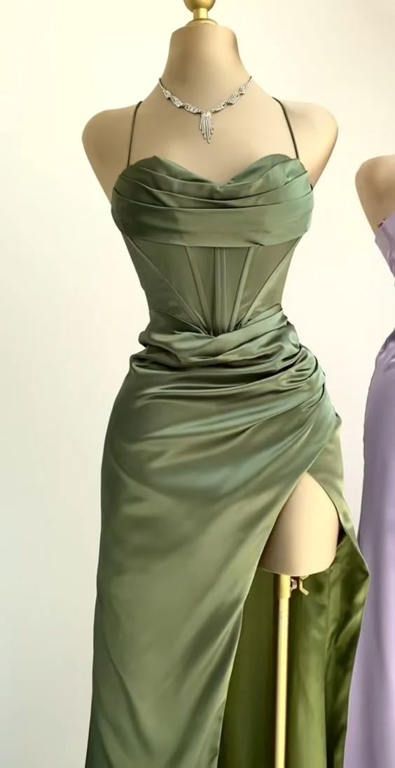 Ndyad Green Mermaid Satin Spaghetti Straps Long Prom Dress With Split HZ1024