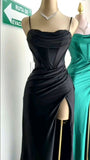 Ndyad Green Mermaid Satin Spaghetti Straps Long Prom Dress With Split HZ1024