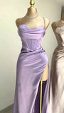 Ndyad Green Mermaid Satin Spaghetti Straps Long Prom Dress With Split HZ1024