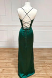 Ndyad Green Mermaid Satin Spaghetti Straps Long Prom Dress With Split HZ1024