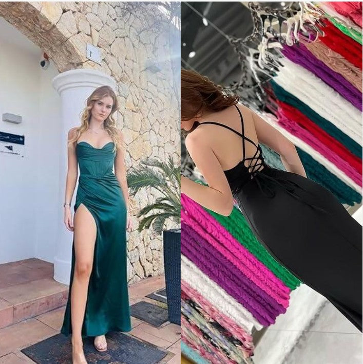 Ndyad Green Mermaid Satin Spaghetti Straps Long Prom Dress With Split HZ1024