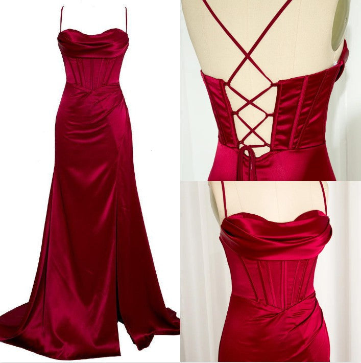 Ndyad Green Mermaid Satin Spaghetti Straps Long Prom Dress With Split HZ1024
