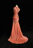 Ndyad Orange Mermaid V-Neck Satin Beaded Long Prom Dress Sequined Evening Gown HZ1024