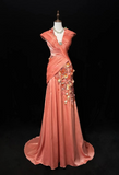 Ndyad Orange Mermaid V-Neck Satin Beaded Long Prom Dress Sequined Evening Gown HZ1024