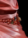 Ndyad Orange Mermaid V-Neck Satin Beaded Long Prom Dress Sequined Evening Gown HZ1024