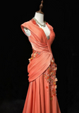 Ndyad Orange Mermaid V-Neck Satin Beaded Long Prom Dress Sequined Evening Gown HZ1024