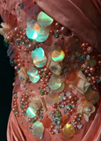 Ndyad Orange Mermaid V-Neck Satin Beaded Long Prom Dress Sequined Evening Gown HZ1024
