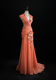 Ndyad Orange Mermaid V-Neck Satin Beaded Long Prom Dress Sequined Evening Gown HZ1024
