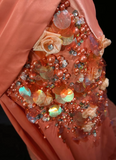 Ndyad Orange Mermaid V-Neck Satin Beaded Long Prom Dress Sequined Evening Gown HZ1024