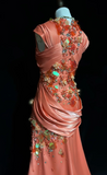 Ndyad Orange Mermaid V-Neck Satin Beaded Long Prom Dress Sequined Evening Gown HZ1024