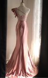 Ndyad Mermaid One Shoulder Satin Beaded Sequin Long Prom Dress Bridalmaid Dress HZ1024