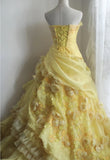 Ndyad Yellow A-Line Strapless Organza Wedding Dress with Appliques and Rhinestones Long Evening Gown HZ1024