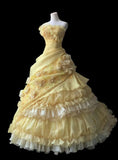 Ndyad Yellow A-Line Strapless Organza Wedding Dress with Appliques and Rhinestones Long Evening Gown HZ1024