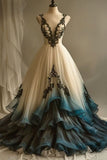 Ndyad Deep V Neck Tulle Long Prom Dress Embroidered Applique Evening Dress HZ1024