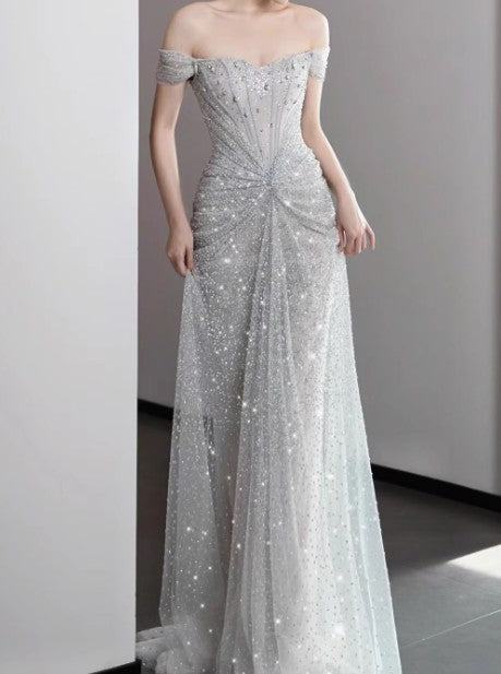 Ndyad Gown?? Off The Shoulder Tulle Sequins Long Prom Dress for Formal Events &Quinceanera HZ1024