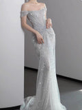 Ndyad Gown?? Off The Shoulder Tulle Sequins Long Prom Dress for Formal Events &Quinceanera HZ1024