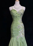 Ndyad Green Mermaid Spaghetti Strap Satin Beaded Sequin Long Prom Dress Sweetheart Neck Evening Dress HZ1024