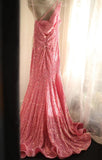 Ndyad Pink Mermaid One Shoulder Sequined Pleated Long Prom Dress Backless Evening Dress HZ1024