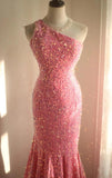 Ndyad Pink Mermaid One Shoulder Sequined Pleated Long Prom Dress Backless Evening Dress HZ1024