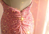 Ndyad Pink Mermaid One Shoulder Sequined Pleated Long Prom Dress Backless Evening Dress HZ1024