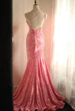 Ndyad Pink Mermaid One Shoulder Sequined Pleated Long Prom Dress Backless Evening Dress HZ1024