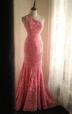 Ndyad Pink Mermaid One Shoulder Sequined Pleated Long Prom Dress Backless Evening Dress HZ1024