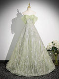 Ndyad A-Line Off the Shoulder Glittering Tulle Sequins Long Prom Dress Sweet 16 Dress HZ1024